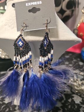 Express Blue, Black and White Beaded Feather Drop Earrings